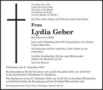 Todesanzeige von Lydia Geber von SAARBRÜCKER ZEITUNG