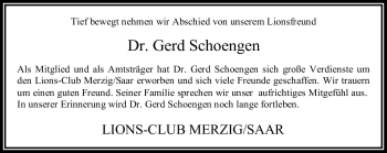 Todesanzeige von Gerd Schoengen von SAARBRÜCKER ZEITUNG