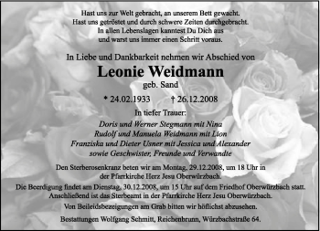 Todesanzeige von Leonie Weidmann von SAARBRÜCKER ZEITUNG