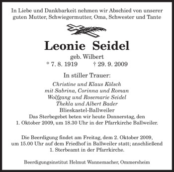 Todesanzeige von Leonie Seidel von SAARBRÜCKER ZEITUNG