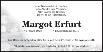 Todesanzeige von Margot Erfurt von SAARBRÜCKER ZEITUNG