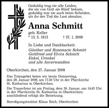 Todesanzeige von Anna Schmitt von SAARBRÜCKER ZEITUNG