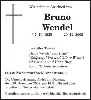 Todesanzeige von Bruno Wendel von SAARBRÜCKER ZEITUNG