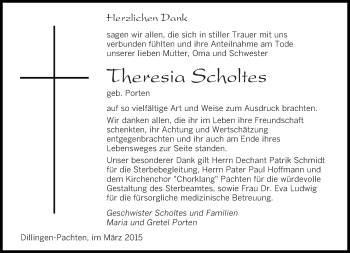 Todesanzeige von Theresia Scholtes von saarbruecker_zeitung