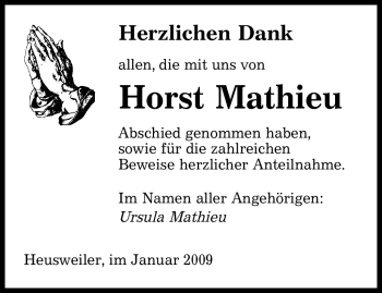Todesanzeige von Horst Mathieu von SAARBRÜCKER ZEITUNG