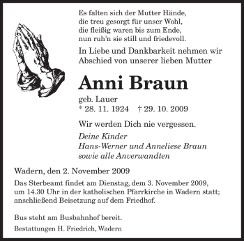 Todesanzeige von Anni Braun von SAARBRÜCKER ZEITUNG