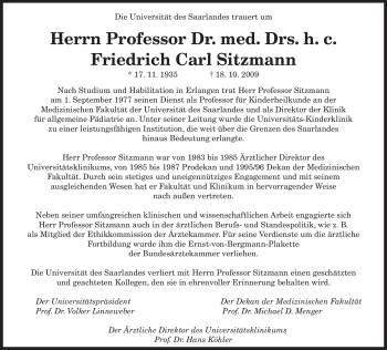 Todesanzeige von Friedrich Carl Sitzmann von SAARBRÜCKER ZEITUNG
