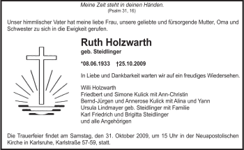 Todesanzeige von Ruth Holzwarth von SAARBRÜCKER ZEITUNG