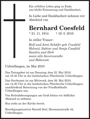 Todesanzeige von Bernhard Coesfeld von SAARBRÜCKER ZEITUNG