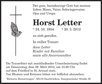 Todesanzeige von Horst Letter von SAARBRÜCKER ZEITUNG