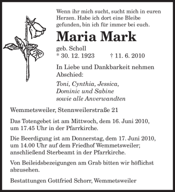 Todesanzeige von Maria Mark von SAARBRÜCKER ZEITUNG