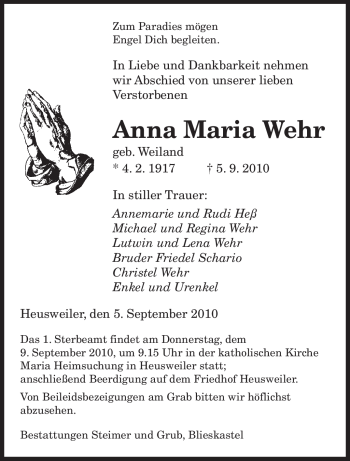 Todesanzeige von Anna Maria Wehr von SAARBRÜCKER ZEITUNG