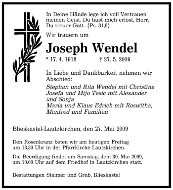 Todesanzeige von Joseph Wendel von SAARBRÜCKER ZEITUNG
