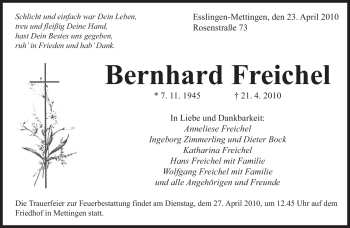 Todesanzeige von Bernhard Freichel von SAARBRÜCKER ZEITUNG