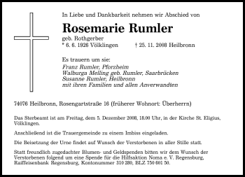 Todesanzeige von Rosemarie Rumler von SAARBRÜCKER ZEITUNG