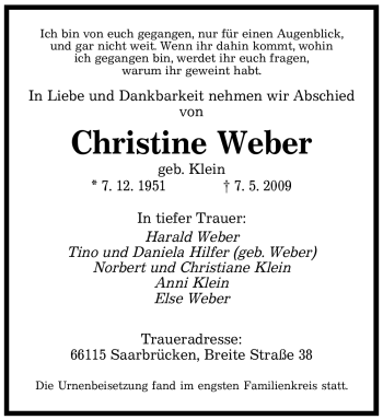 Todesanzeige von Christine Weber von SAARBRÜCKER ZEITUNG