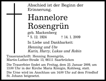 Todesanzeige von Hannelore Rosengrün von SAARBRÜCKER ZEITUNG