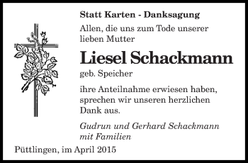 Todesanzeige von Liesel Schackmann von saarbruecker_zeitung