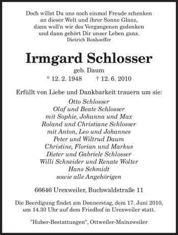 Todesanzeige von Irmgard Schlosser von SAARBRÜCKER ZEITUNG