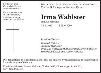 Todesanzeige von Irma Wahlster von SAARBRÜCKER ZEITUNG