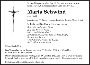Todesanzeige von Maria Schwind von SAARBRÜCKER ZEITUNG
