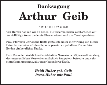 Todesanzeige von Arthur Geib von SAARBRÜCKER ZEITUNG