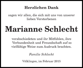 Todesanzeige von Marianne Schlecht von saarbruecker_zeitung