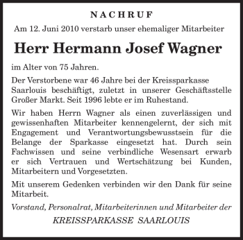 Todesanzeige von Hermann Josef Wagner von SAARBRÜCKER ZEITUNG