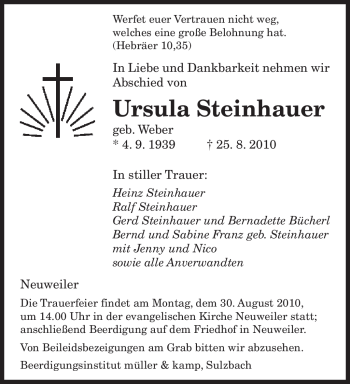 Todesanzeige von Ursula Steinhauer von SAARBRÜCKER ZEITUNG