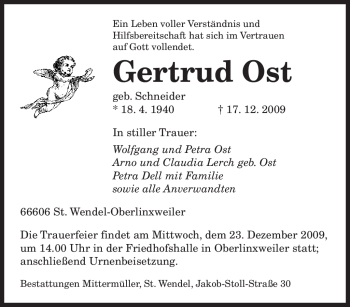 Todesanzeige von Gertrud Ost von SAARBRÜCKER ZEITUNG