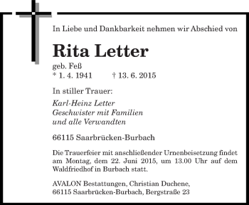 Todesanzeige von Rita Letter von saarbruecker_zeitung