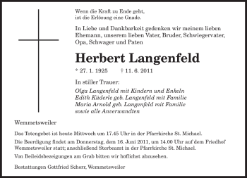 Todesanzeige von Herbert Langenfeld von SAARBRÜCKER ZEITUNG