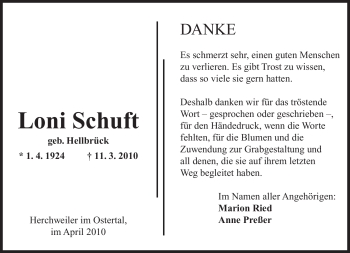 Todesanzeige von Loni Schuft von SAARBRÜCKER ZEITUNG