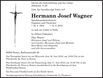 Todesanzeige von Hermann Josef Wagner von SAARBRÜCKER ZEITUNG