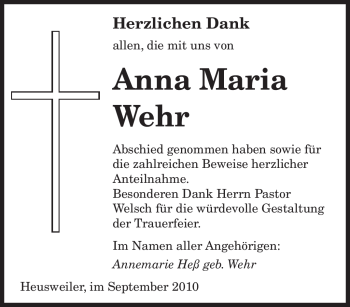 Todesanzeige von Anna Maria Wehr von SAARBRÜCKER ZEITUNG
