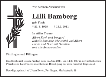 Todesanzeige von Lilli Bamberg von SAARBRÜCKER ZEITUNG