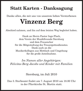 Todesanzeige von Vinzenz Berg von SAARBRÜCKER ZEITUNG