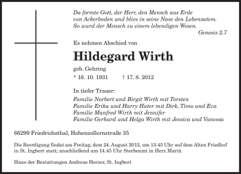 Todesanzeige von Hildegard Wirth von SAARBRÜCKER ZEITUNG