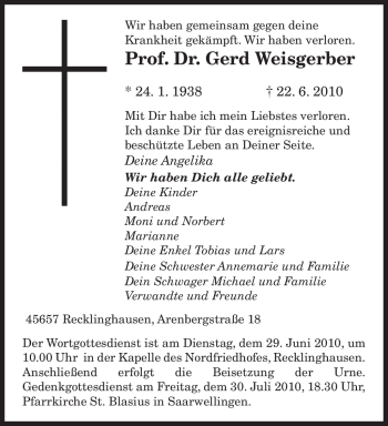 Todesanzeige von Gerd Weisgerber von SAARBRÜCKER ZEITUNG