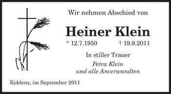 Todesanzeige von Heiner Klein von SAARBRÜCKER ZEITUNG