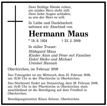 Todesanzeige von Hermann Maus von SAARBRÜCKER ZEITUNG