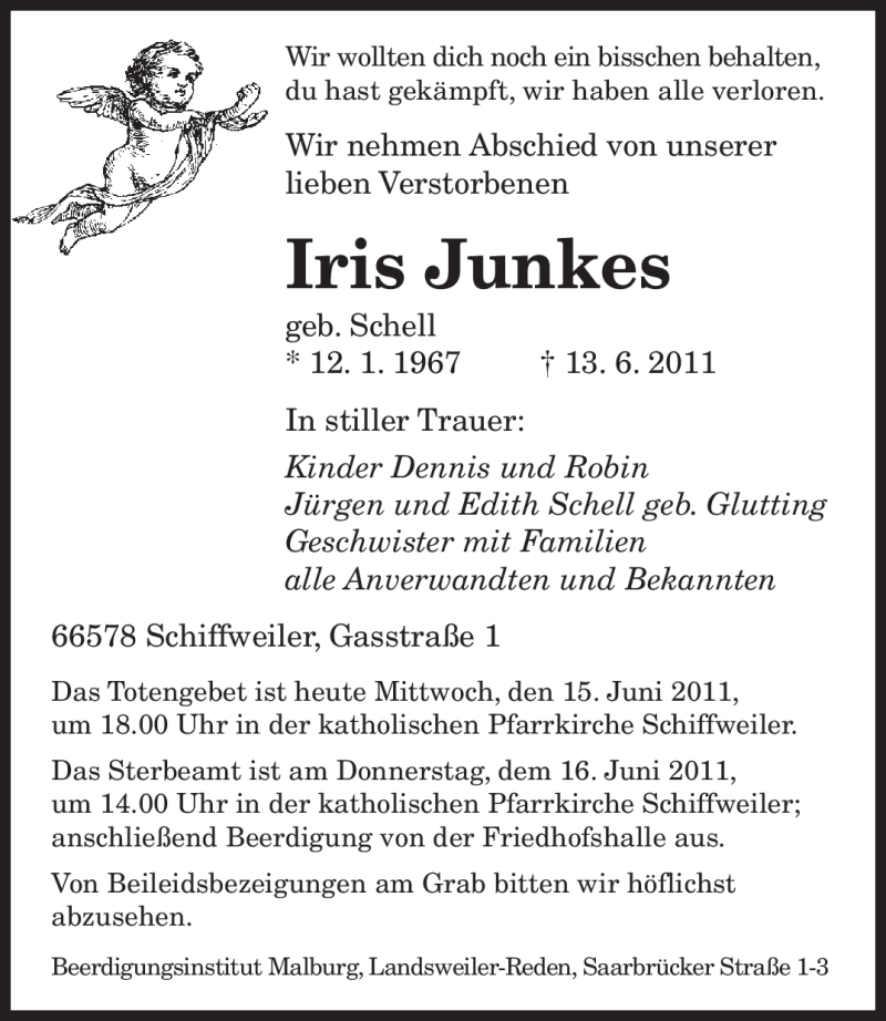 Traueranzeige für Iris Junkes vom 15.06.2011 aus SAARBRÜCKER ZEITUNG