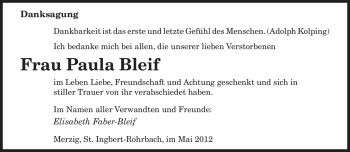 Todesanzeige von Paula Bleif von SAARBRÜCKER ZEITUNG