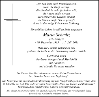Todesanzeige von Maria Schmitz 