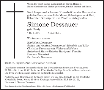 Todesanzeige von Simone Dessauer von SAARBRÜCKER ZEITUNG