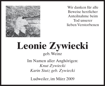 Todesanzeige von Leonie Zywiecki von SAARBRÜCKER ZEITUNG