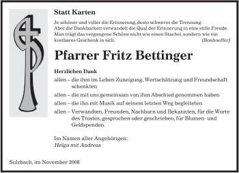 Todesanzeige von Fritz Bettinger von SAARBRÜCKER ZEITUNG