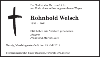 Todesanzeige von Rohnhold Welsch von SAARBRÜCKER ZEITUNG