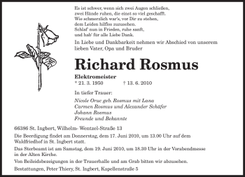 Todesanzeige von Richard Rosmus von SAARBRÜCKER ZEITUNG