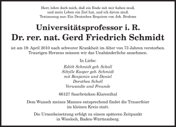 Todesanzeige von Gerd Friedrich Schmidt von SAARBRÜCKER ZEITUNG